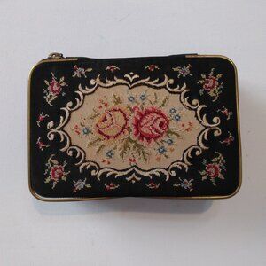 Floral Petitpoint Portable Vintage Jewelry Box for Travel or Storage